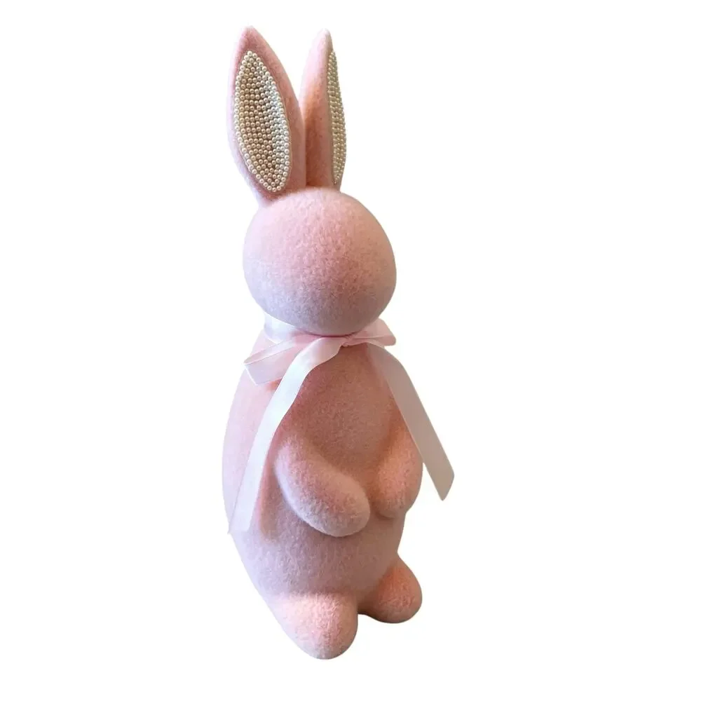 SPRING GATHERINGS 15in Pink Flocked Bunny With Faux Pearl Ears & Ribbon New